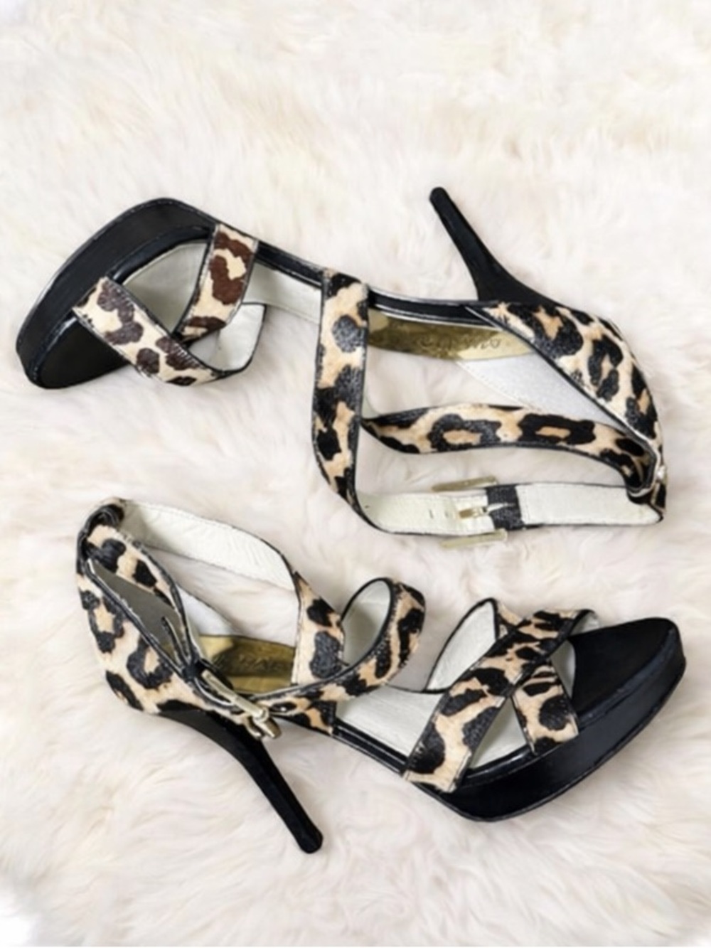 Michael Kors Evie Hair Calf Cheetah Print  Platform Sandals Stilettos Heels Sz 6
